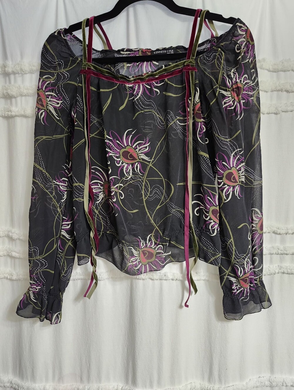 Vintage, Gorgeous, Kenneth Cole 100% Silk, Sheer Floral Blouse with Velvet Ties.